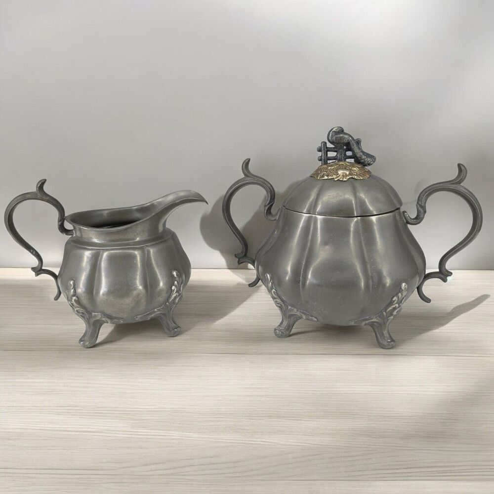Antique Shaw‎ Fisher Pewter Sugar Bowl and Creamer Set Footed Bird on the Lid